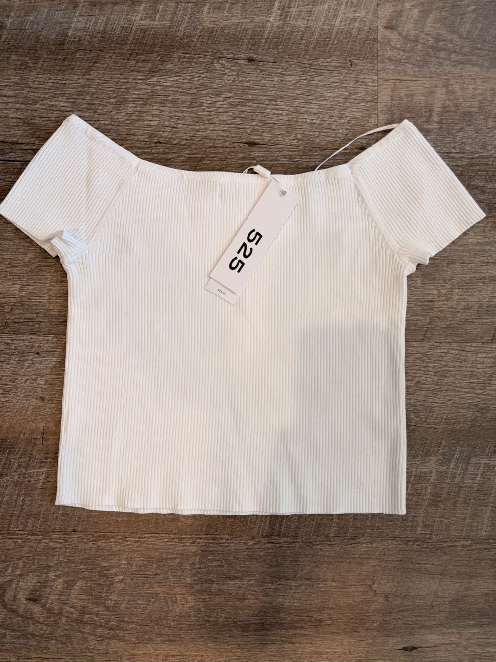 NWT 525 Off-The-Shoulder Ribbed Knit Crop Top White Sz S Soft Stretch Minimalist - Picture 3 of 6